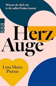 Capa do livro Herz Auge com um fundo rosa e imagens abstratas coloridas